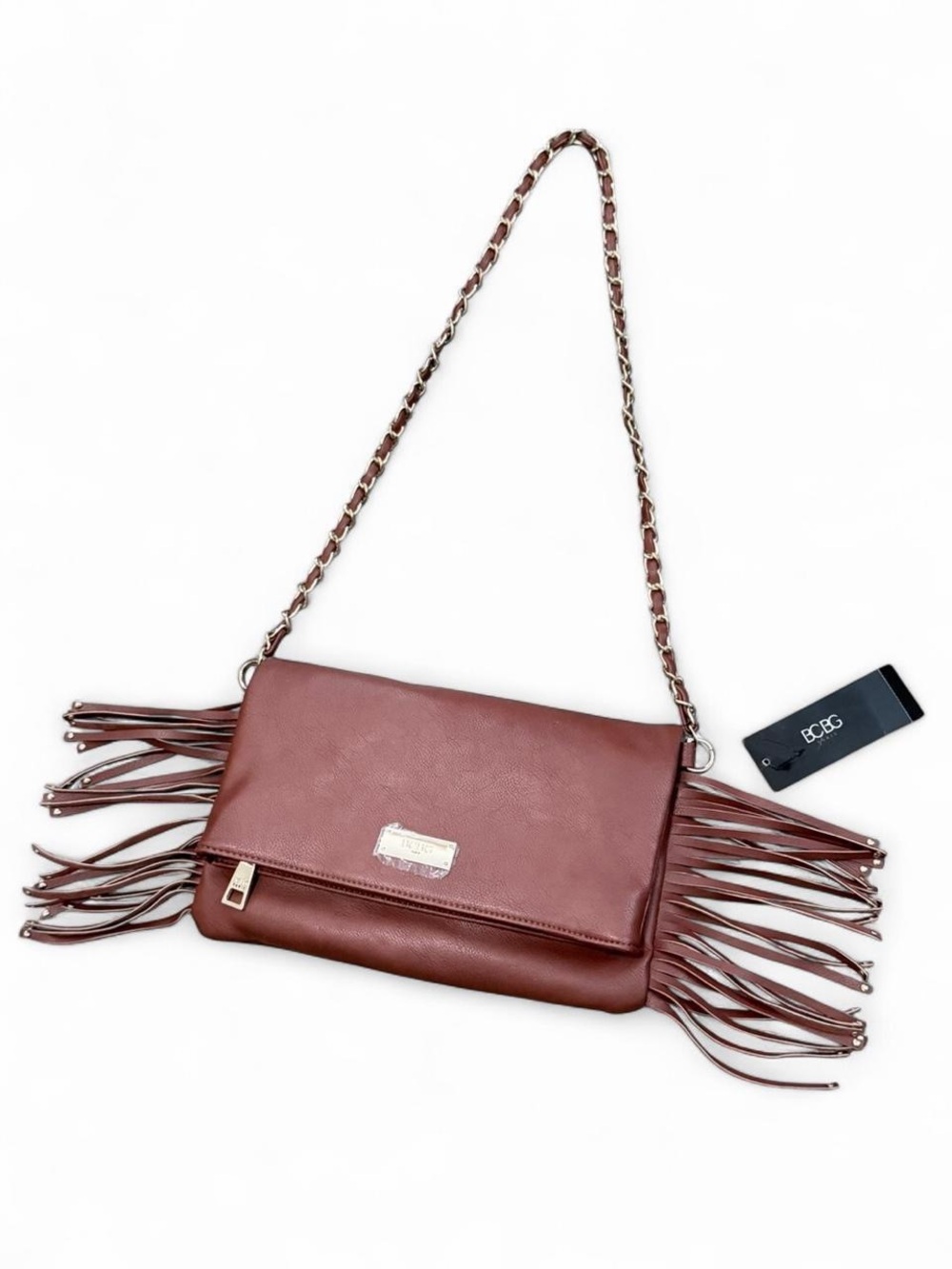 NWT BCBG Brown Faux Leather Fringe Crossbody Purse Gold Chain Deadstock Designer